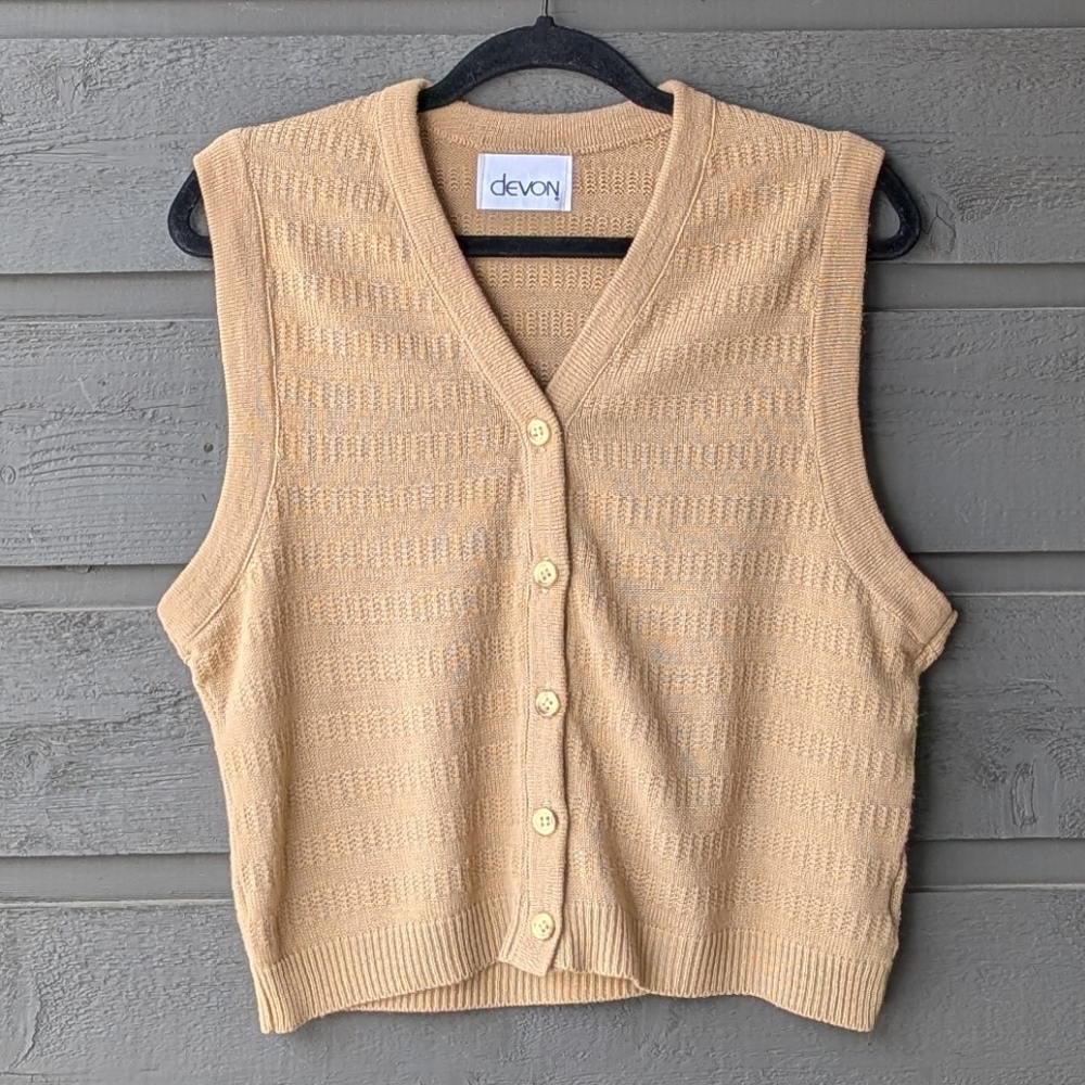 VTG 70s Devon Camel Tan Knit Sweater Vest Size Large